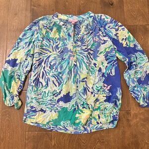 Lilly Pulitzer Elsa Popover Blouse Womens XS Blue Green Tropical Print